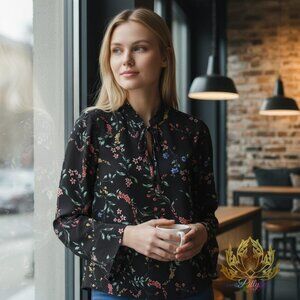 Cupcakes & Cashmere Boho Floral Sheer Bell Sleeve Blouse XS Polyester Deep-Neck